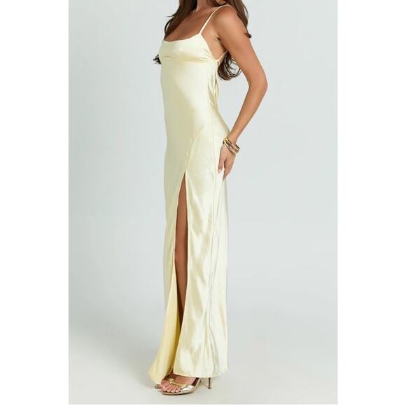 SHOWPO NATALIE MAXI DRESS Satin Scoop Neck Low Tie Back Slip Dress in Lemon Sz 4 - Picture 2 of 11